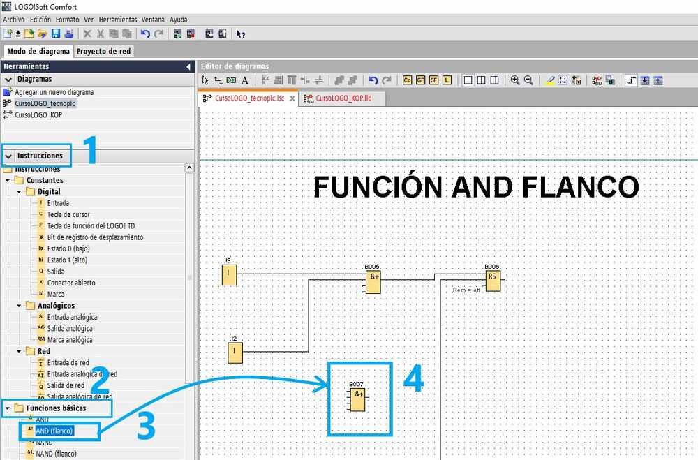 Dónde está la función AND Flanco LOGO Siemens en el proyecto LOGOSoft